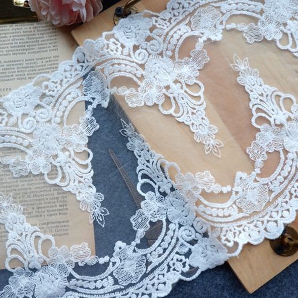 Lace Trim Exquisite Lolita White Tulle Cotton Floral Embroidery Venice Embroidered Tulle Lace Trim 9.6 Inches 1 Yard