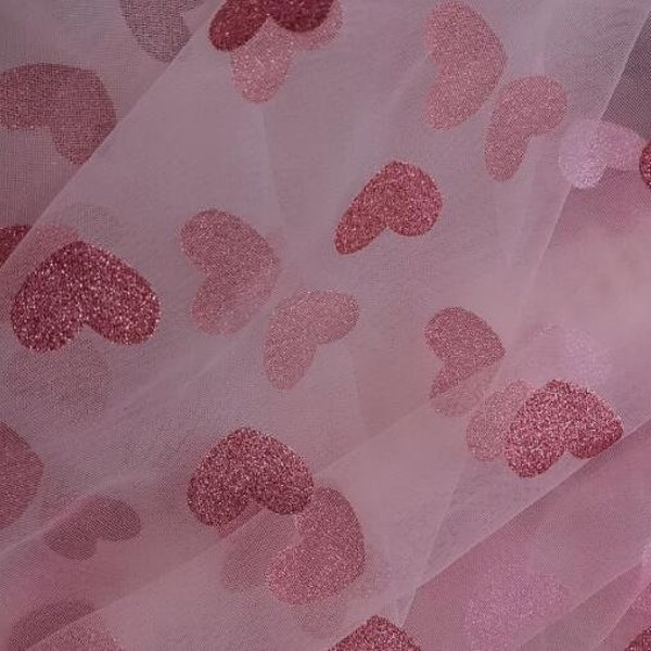 Tela de encaje de corazón dulce de lentejuelas con brillo de tul rosa para vestido bady de niñas DIY, vestidos de novia, vestidos de fiesta o vestidos de banquete de 59" de ancho