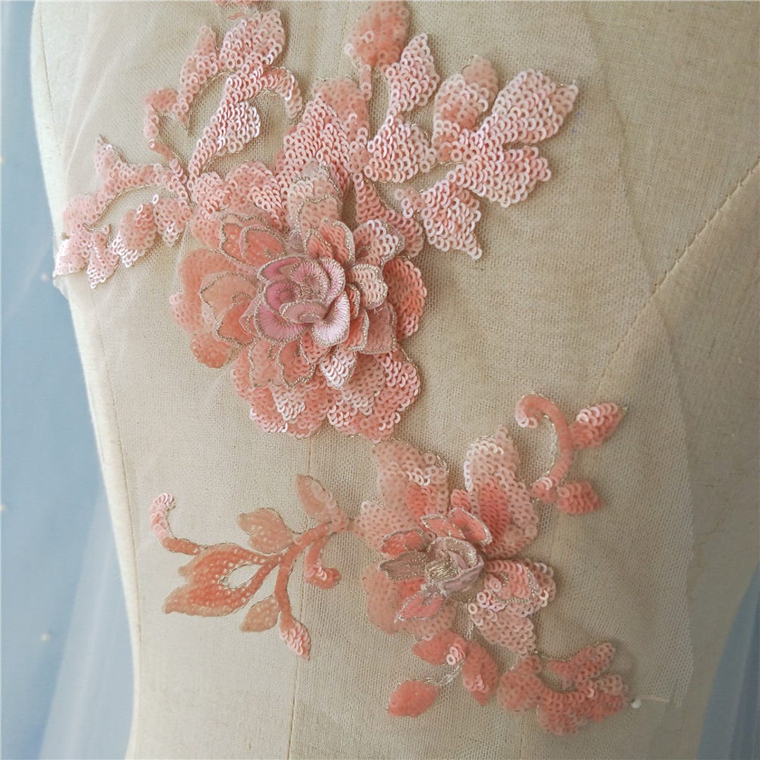3D Peach Pink Sequin Lace Applique Floral Exquisite Wedding - Etsy