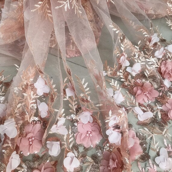 2 Colors 3D Peach Pink Flower Bead Pearl White Silver Lace Fabric