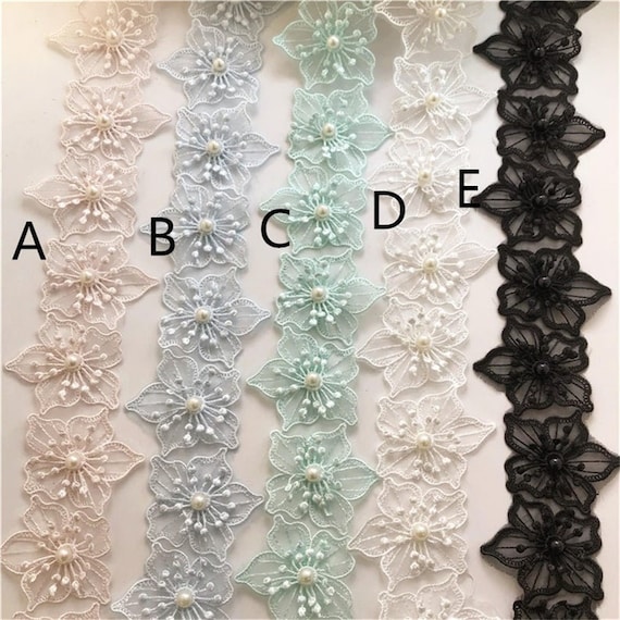 5colors Organza Two-layer Flowers Pearls Flower Appliqué Lace