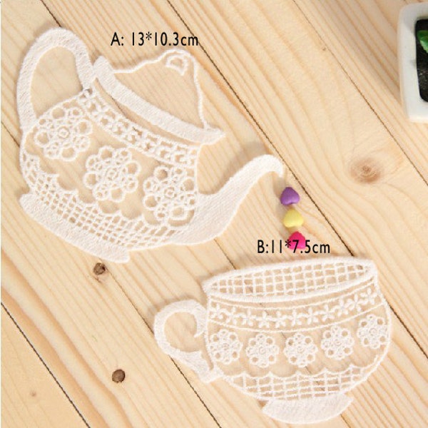 1 Set Beige Cotton Lace Appliques Lovely Cup Teapot Floral Embroidered Tulle Patches