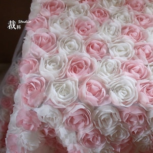 3D Pink White Rose Chiffon Floral Lace Fabric Tulle Fabric Exquisite Bridal Wedding Headband 51 width 1 yard 画像 5