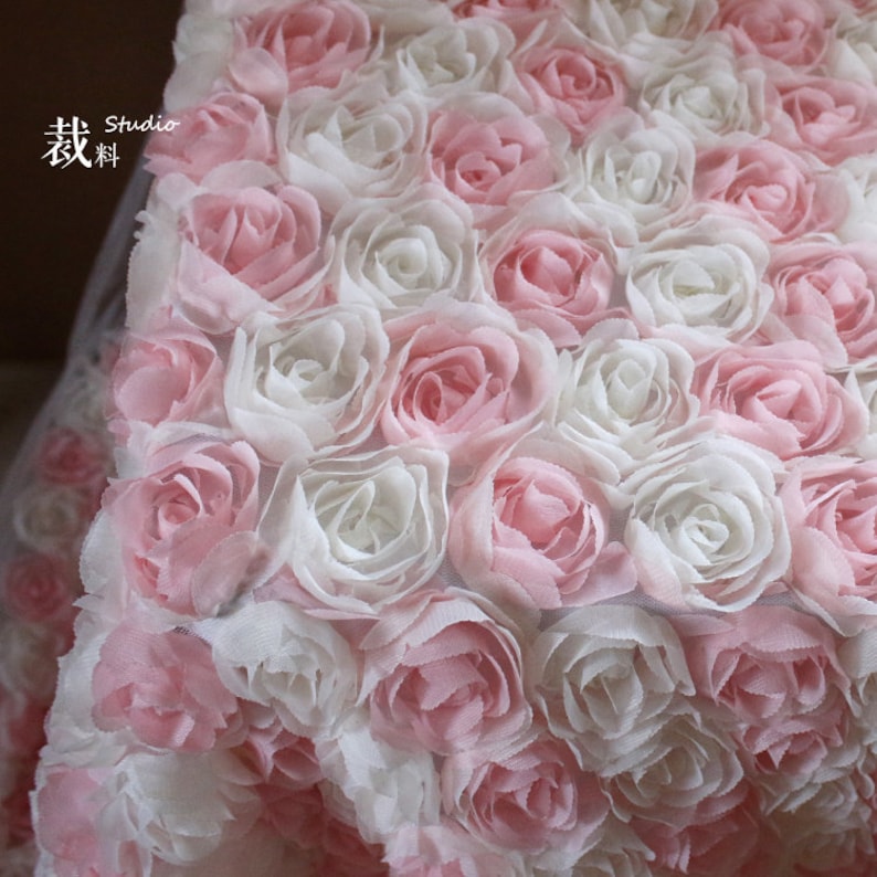 3D Pink White Rose Chiffon Floral Lace Fabric Tulle Fabric Exquisite Bridal Wedding Headband 51 width 1 yard 画像 5