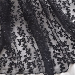 Black Bead Pearl Lace Fabric Flower Alencon Alice Tulle Embroidery Exquisite Bridal Wedding Headband 49&quot; width High Quality