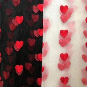 Red heart embroidery White black tulle lace fabric for DIY girls bady dress wedding dresses, prom dresses or banquet dresses 59" width