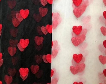 Red heart embroidery White black tulle lace fabric for DIY girls bady  wedding dresses, prom dresses or banquet dresses 59" width