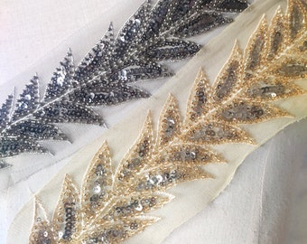 Gold gray sequin bead leaf  sequined performance  lace trim black champagne silver dark purple sequin tassel 2.55" width