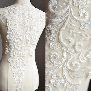 1pc Luxurious Beaded Applique Large Embroidery Alencon Lace Applique Ivory Beaded Bridal Lace Appliqué