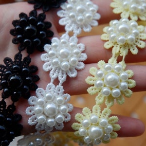 3D Bead Pearl Exquisite White Yellow Black Venice lace Trim Retro Embroidery Flower Wedding Supplies 0.98 Inches Wide