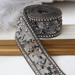 Rhinestone lace trim black belt appliqué iron appliqué stitching belt lace trim sewn trim rhinestone trim crystal gemstone 3.5cm width