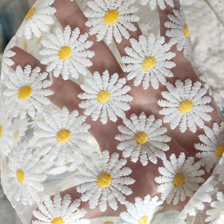 Lace Fabric Adorable White Daisy Flower Embroidered White Etsy