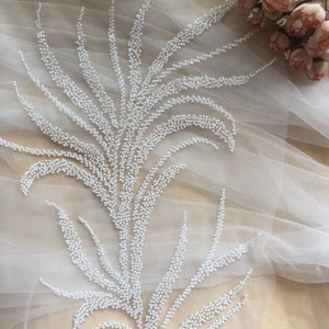 New Arrival Full Pearl Bead Flower White Black Lace Applique Embellished Lace Patch for wedding gown dance costumes bridal hair accessories