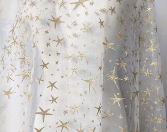 Glitter Sequin Gold Star White Soft Tulle Lace Fabric  Floral Embroidery Exquisite Bridal Wedding Headband Fabric 59" width