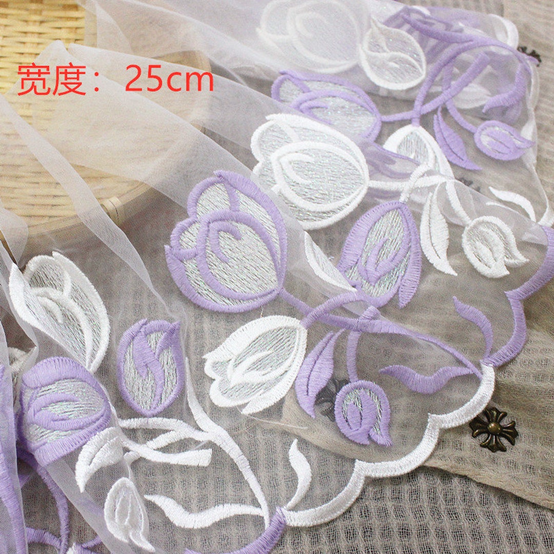 White Tulle Purple Green Tulip Embroidery Floral Bridal Veil Alencon ...