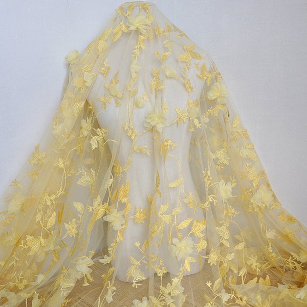 1 Meter Spitzenstoff 3D Gelb Chiffon Floral Blattgold Stickerei Tüll Exquisite Braut Hochzeit Stirnband 155cm breit