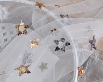 1 yard Ivory Tulle Gold and Silver Star Sequined Lace Fabric Exquisite Stars Fabric 51" Wide Wedding Dress Veil Costume Supplies