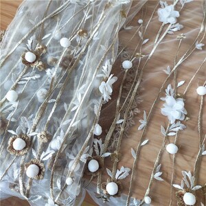 White Tulle Gold Embroidery 3D Small Ball Pompom Lace Fabric Tulle Fabric Exquisite Bridal Wedding Headband 51.1&quot; width 1 yard