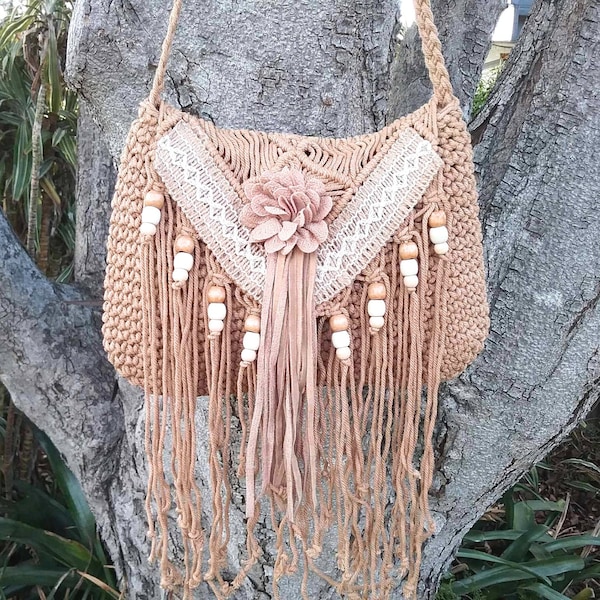 Crochet crossbody purse bag, fawn beige crochet purse, Bohemian hippie fringed beaded tassel purse, Boho fringed ibiza vegan festival bags