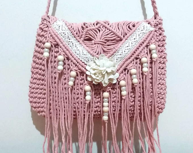 Gehäkelte Crossbody Tasche, rosa creme Strand Boho Geldbeutel, Boho Hippie Fransen Festival Quaste Geldbeutel, Fransen Perlen Bohhemian Geschenk für Mama