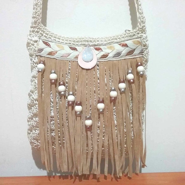 Small fringed beaded crochet crossbody purse bag, bohemian gift for her, Boho hippie style shoulder bag, compact festival cell phone purse