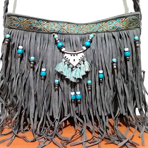 Grey Crossbody Bag, gray bohemian shoulder purse bag, boho Faux Suede Tassel Fringe, boho gift for her, festival bead hippie style purse bag