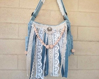 Denim and crochet shoulder bag, romantic boho style purse, fringed crochet hippie bags, festival tassel shabby crossbody purse