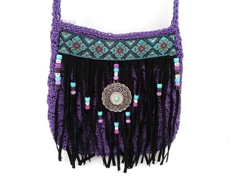 Purple crochet crossbody purse bag, fringed tassel purse, vegan Hippie Boho purse, braid beaded shoulder bag, cell phone bag, gift for her
