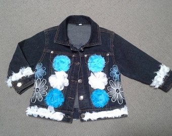 GIRLS DENIM JACKET, small toddler blue jacket, little cowgirl, shabby boho, jean jacket, blue white denim, 2 3 year old, flower embellished