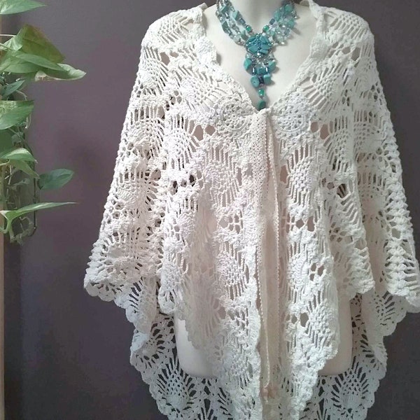 White crochet Shawl, bohemian boho knit poncho, Mama Mia style, hippie gypsy beach wedding clothing, festival shawl summer cover up top