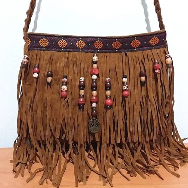 Brown rustic Tassel Fringe Faux Suede Crossbody Bag Shoulder Bag for boho females, aztec trim bead handbag, hippie festival vegan purse  bag