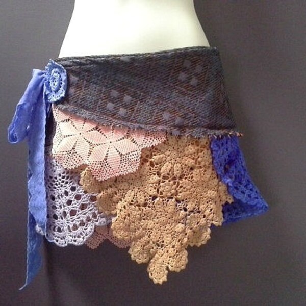 CROCHET WRAP BELT, festival belt, boho over skirt, festival clothing, purple, orange peach doilies, bohemian hip wrap, burning man skirt