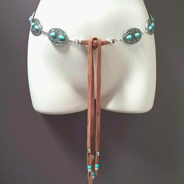 Western Silver Chain Belt,  Boho Chain Belt with turquoise conchos, Women tie up Belt with suede leather ties, Adjustable Belt, Gift for Her