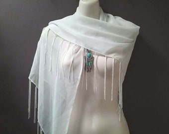 Sheer white boho style cover up, bohemian clothing, Triangle fringe gypsy shawl, belly dance lace hip belt, triangle halter festival fashion