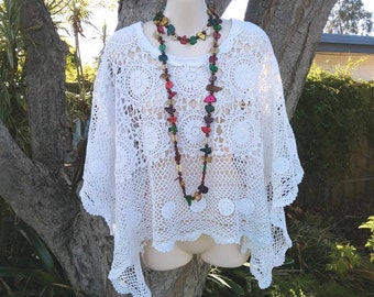 White crochet poncho, bohemian clothing, boho crochet top, festival shawl, hippie wedding shrug, light weight hipster tablecloth top