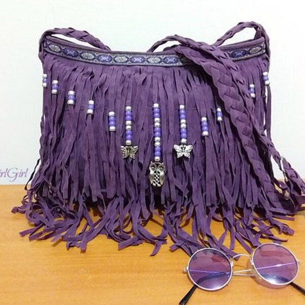 Purple bohemian bag, boho fringed crossbody bag, Faux suede vegan shoulder bag, tattered fringe bags, bohemian aztec festival beaded handbag