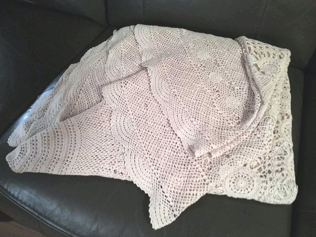 Extra Large Cotton Crochet Table Cloth, Round Beige Vintage Bedspread