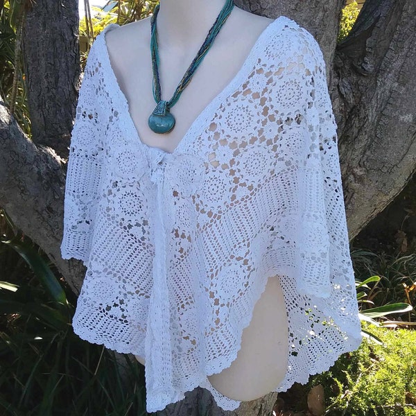 Bohemian crochet Shawl, white tablecloth shawl, festival poncho, boho hippie clothing, boho crochet top, gift for her, gypsy folk poncho top