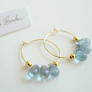 Ocean blue Glass Drop Bead Hoop Earrings | Handmade Gold-Plated Circle Earrings with Teardrop Beads | Handmade Everyday Jewelry