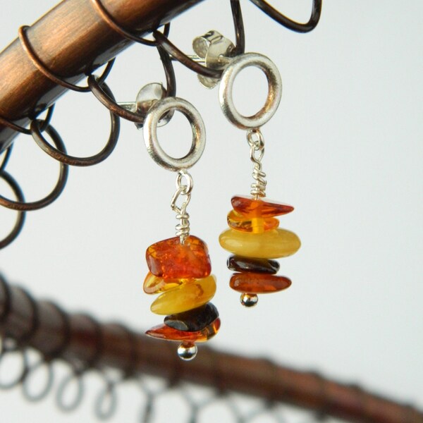 Multi Colour Amber Stud Earrings ~ Circle Stud Detail ~ Sterling Silver ~ Baltic Amber ~ Amber Jewellery ~ SilverEarrings ~ Genuine Amber
