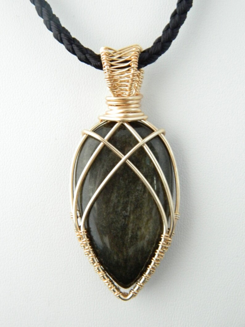 Golden Obsidian Pendant Wire Wrapped Pendant Genuine Etsy