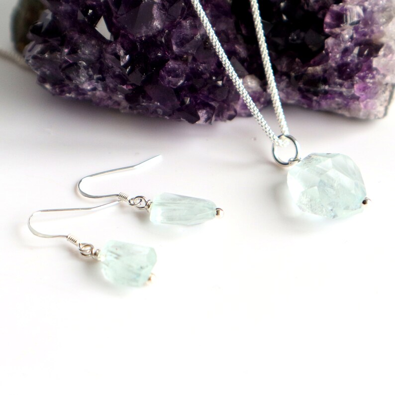 Aquamarine Pendant and Earrings - Sterling Silver - Natural Aquamarine Jewellery - Sterling Silver Popcorn Chain - March Birthstone Gift