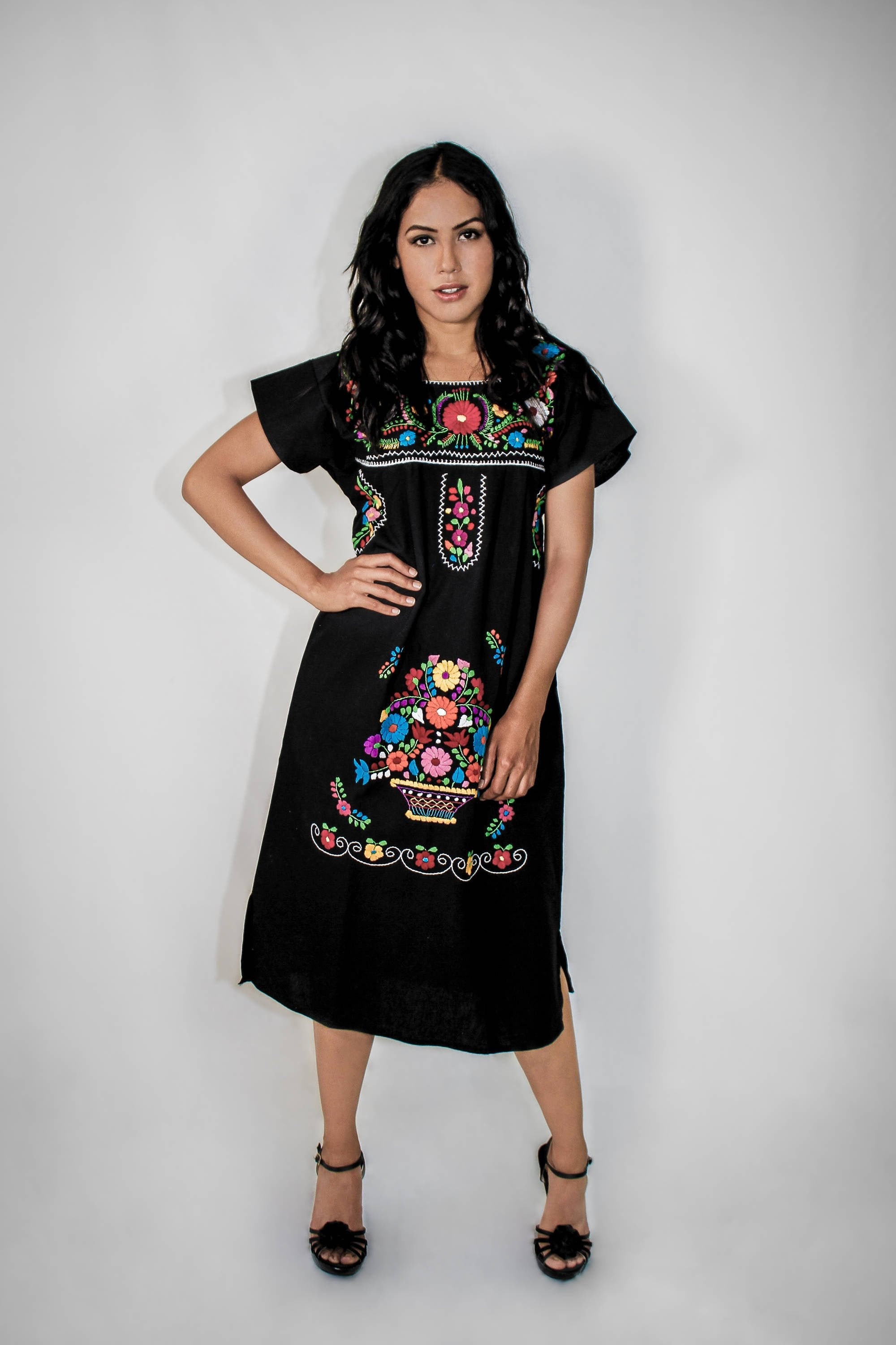 Puebla Mexican Dress w Belt Bata con Faja Vestido Flowers Yellow M