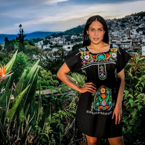 Mexican mini dress or top - Black hand embroidered manta