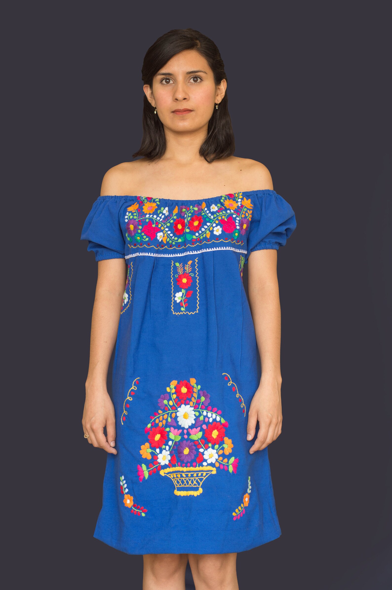 Mexican off the shoulder mini dress hand embroidered Blue Etsy