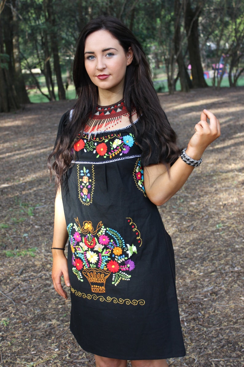Mexican off the Shoulder Mini Dress Hand Embroidered Black 100% Cotton ...