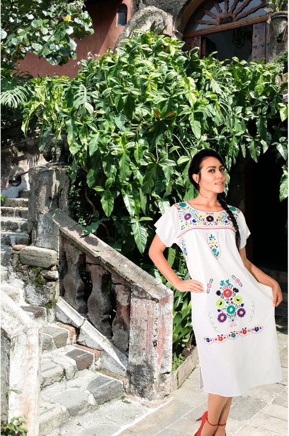 Mexican long cotton dress White hand embroidered