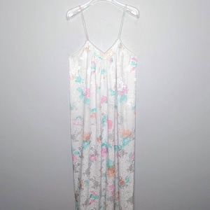 Mary McFadden Vintage White Satin Floral Print Maxi Slip Dress Nightgown Size M