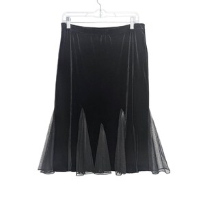 May include: A black velvet skirt with a sheer tulle overlay. The skirt has a fitted waist and a flared hem.