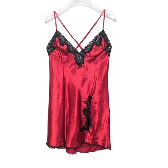 Frederick's of Hollywood Vintage Red Satin Slip Dress Black Lace Trim Cross Back Frederick's of Hollywood Vintage Red Satin Slip Dress Black Lace Trim Cross Back